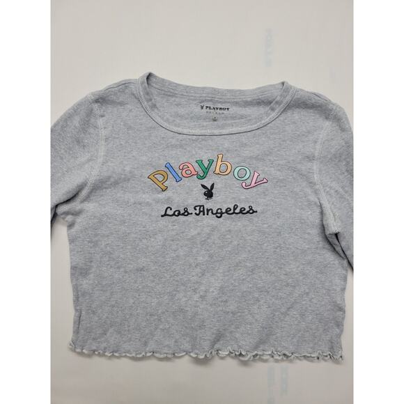 PacSun Tops - Playboy Los Angeles PacSun Women's Medium Gray Crop Top Long Sleeve Lettuce Hem